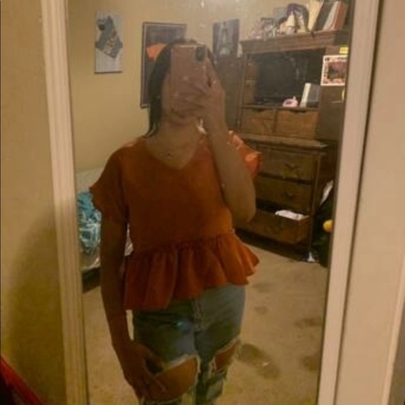 Flounce V-Neck Peplum Top in Brown - Picture 6 of 6